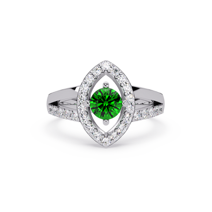 0.8 CTW Round Marquise Halo Pavé Colorstone Ring with Emerald Green center in 14K White Gold – Lunéa Paris