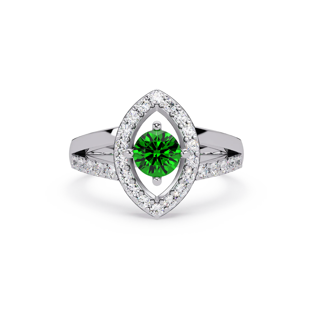 0.8 CTW Round Marquise Halo Pavé Colorstone Ring with Emerald Green center in 14K White Gold – Lunéa Paris
