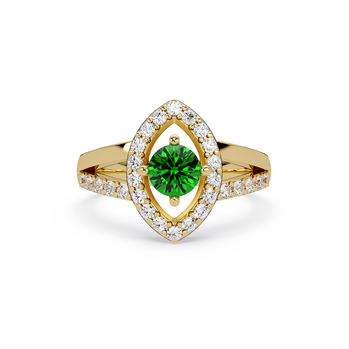 0.8 CTW Round Marquise Halo Pavé Colorstone Ring with Emerald Green center in 14K Yellow Gold – Lunéa Paris