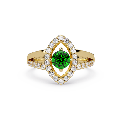0.8 CTW Round Marquise Halo Pavé Colorstone Ring with Emerald Green center in 14K Yellow Gold – Lunéa Paris
