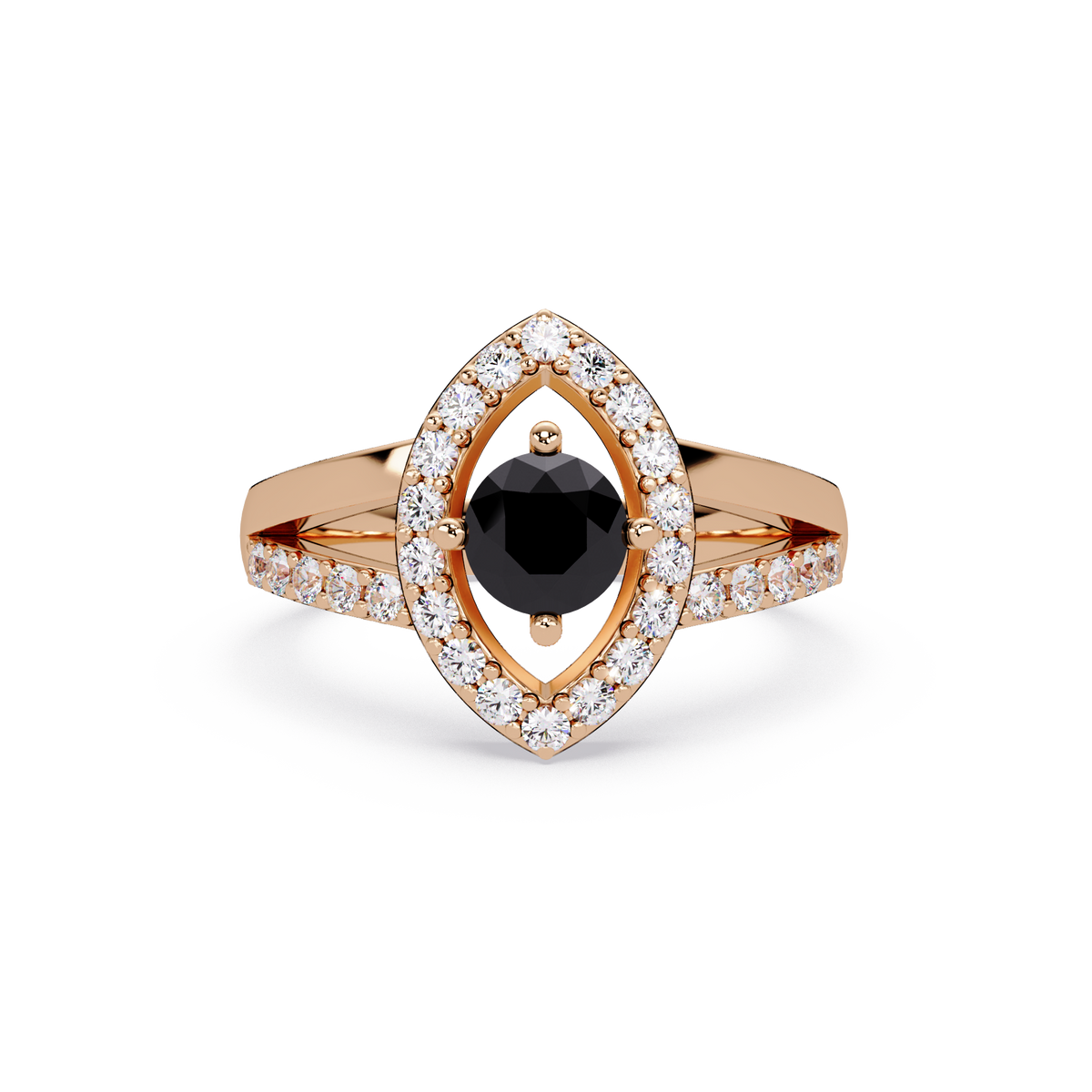 0.8 CTW Round Marquise Halo Pavé Colorstone Ring with Onyx center in 14K Rose Gold – Lunéa Paris