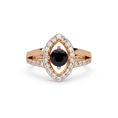 0.8 CTW Round Marquise Halo Pavé Colorstone Ring with Onyx center in 14K Rose Gold – Lunéa Paris