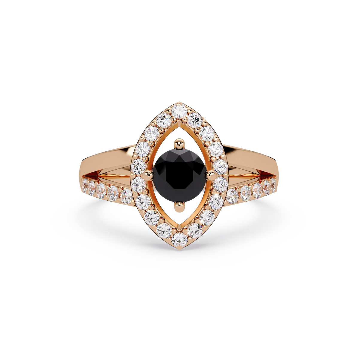 0.8 CTW Round Marquise Halo Pavé Colorstone Ring with Onyx center in 14K Rose Gold – Lunéa Paris