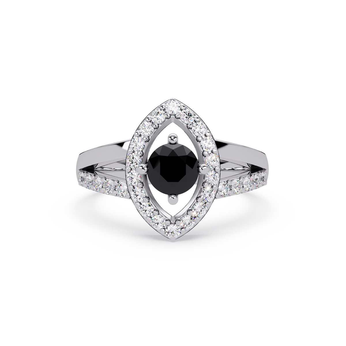 0.8 CTW Round Marquise Halo Pavé Colorstone Ring with Onyx center in 14K White Gold – Lunéa Paris