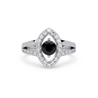 0.8 CTW Round Marquise Halo Pavé Colorstone Ring with Onyx center in 14K White Gold – Lunéa Paris