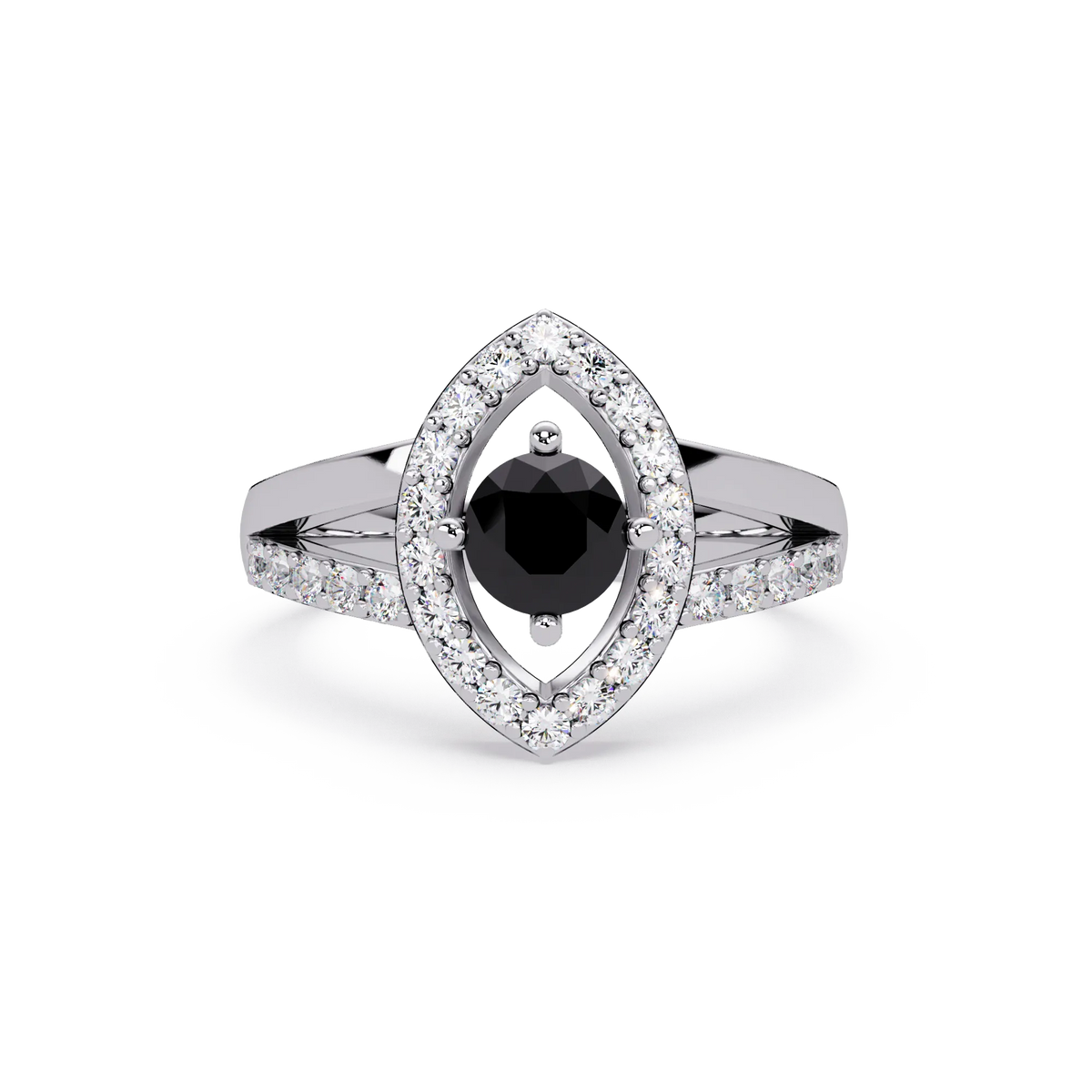 0.8 CTW Round Marquise Halo Pavé Colorstone Ring with Onyx center in 14K White Gold – Lunéa Paris