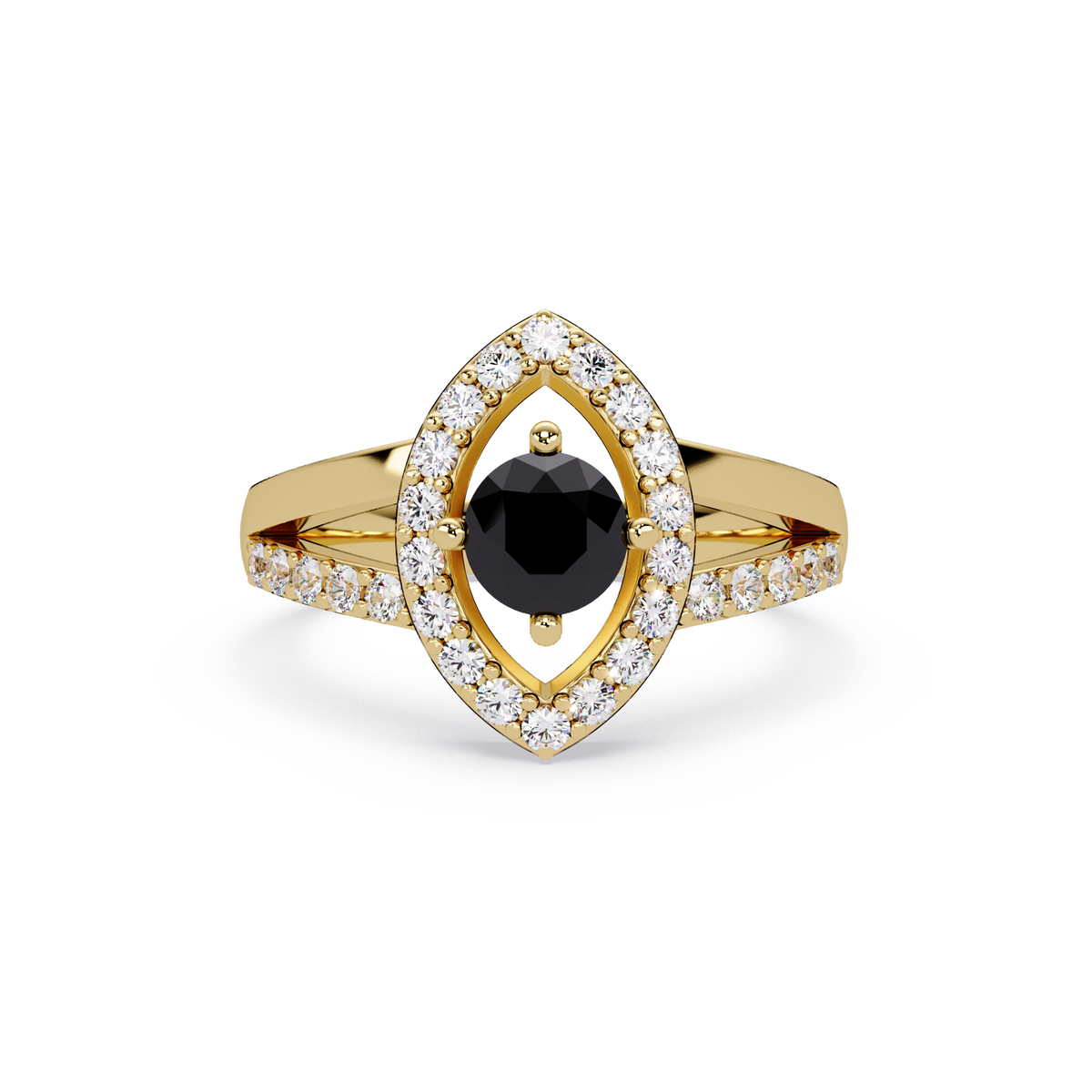 0.8 CTW Round Marquise Halo Pavé Colorstone Ring with Onyx center in 14K Yellow Gold – Lunéa Paris