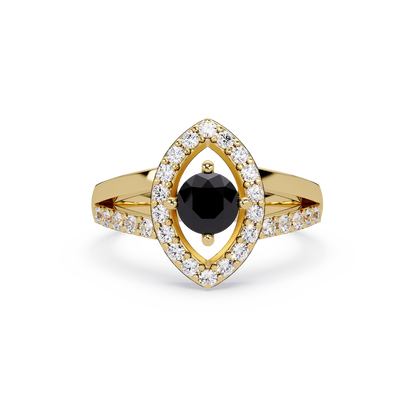 0.8 CTW Round Marquise Halo Pavé Colorstone Ring with Onyx center in 14K Yellow Gold – Lunéa Paris