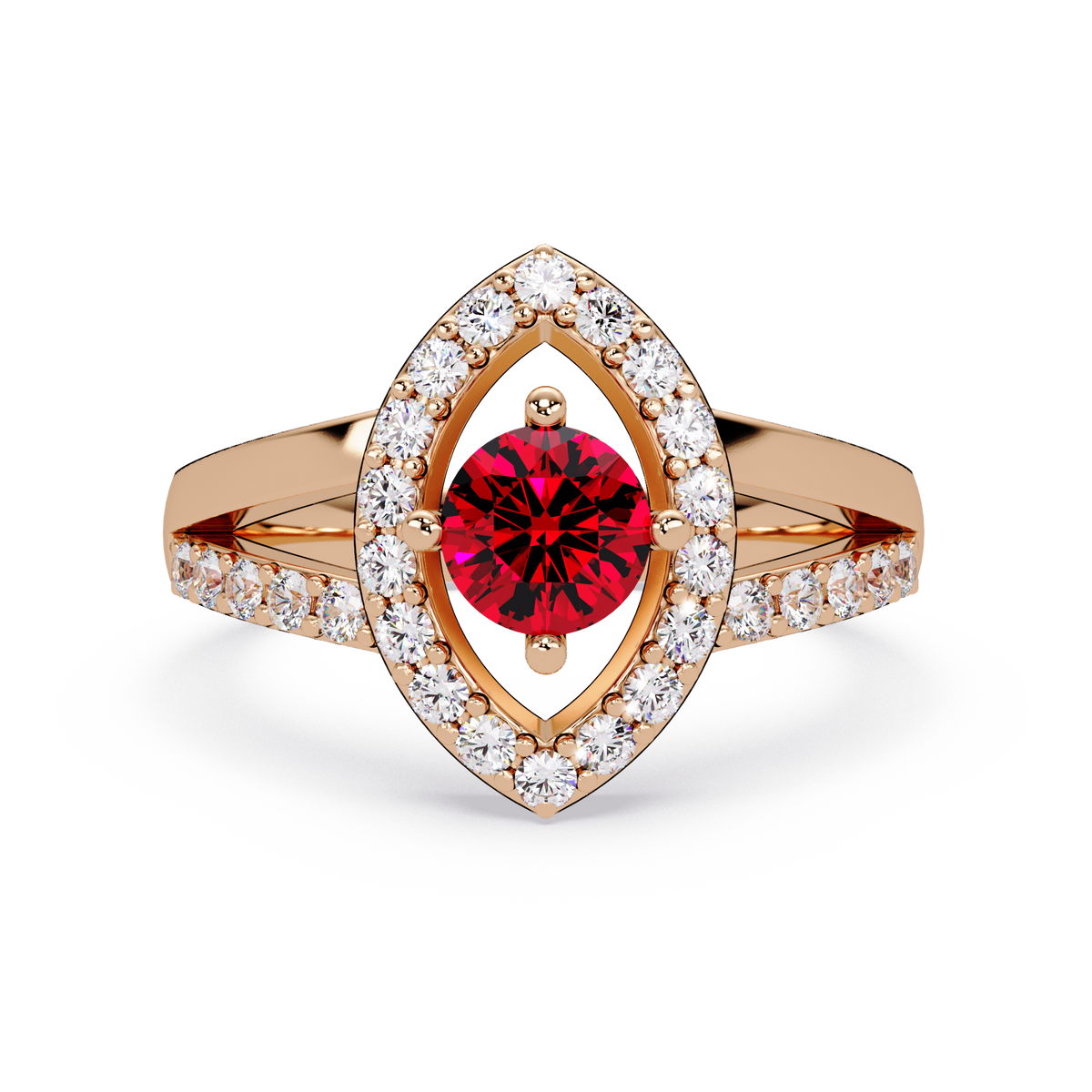 0.8 CTW Round Marquise Halo Pavé Colorstone Ring with Ruby Red center in 14K Rose Gold – Lunéa Paris