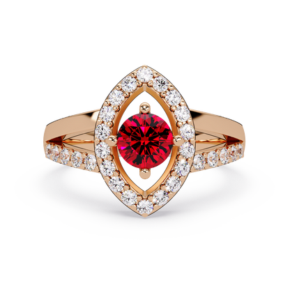 0.8 CTW Round Marquise Halo Pavé Colorstone Ring with Ruby Red center in 14K Rose Gold – Lunéa Paris