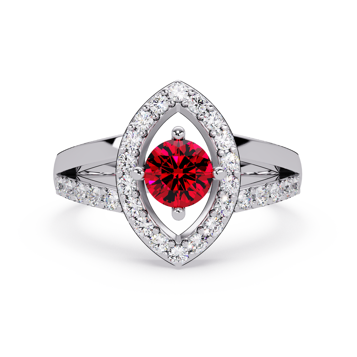 0.8 CTW Round Marquise Halo Pavé Colorstone Ring with Ruby Red center in 14K White Gold – Lunéa Paris