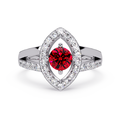 0.8 CTW Round Marquise Halo Pavé Colorstone Ring with Ruby Red center in 14K White Gold – Lunéa Paris