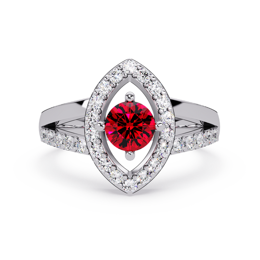 0.8 CTW Round Marquise Halo Pavé Colorstone Ring with Ruby Red center in 14K White Gold – Lunéa Paris