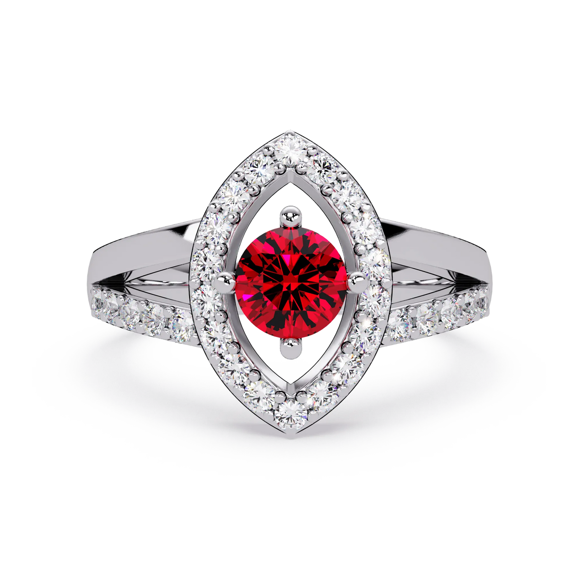 0.8 CTW Round Marquise Halo Pavé Colorstone Ring with Ruby Red center in 14K White Gold – Lunéa Paris