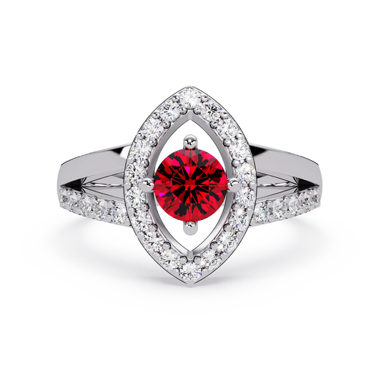 0.8 CTW Round Marquise Halo Pavé Colorstone Ring with Ruby Red center in 14K White Gold – Lunéa Paris