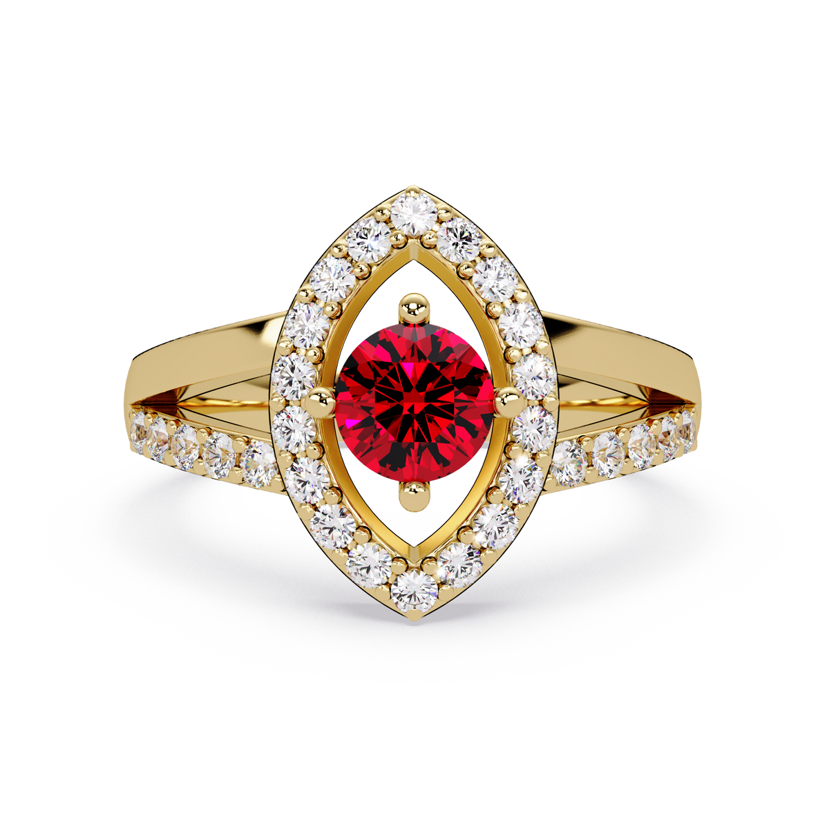0.8 CTW Round Marquise Halo Pavé Colorstone Ring with Ruby Red center in 14K Yellow Gold – Lunéa Paris