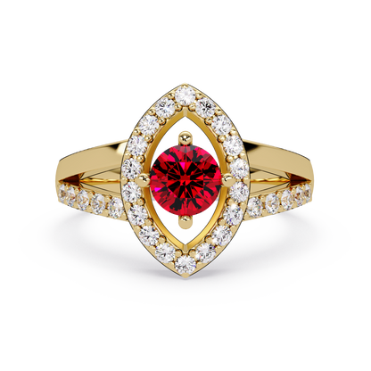 0.8 CTW Round Marquise Halo Pavé Colorstone Ring with Ruby Red center in 14K Yellow Gold – Lunéa Paris
