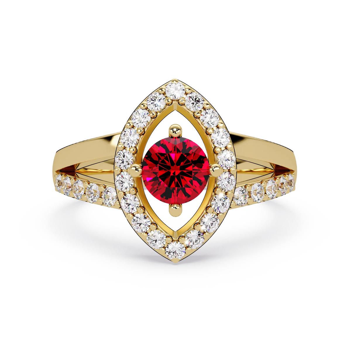 0.8 CTW Round Marquise Halo Pavé Colorstone Ring with Ruby Red center in 14K Yellow Gold – Lunéa Paris