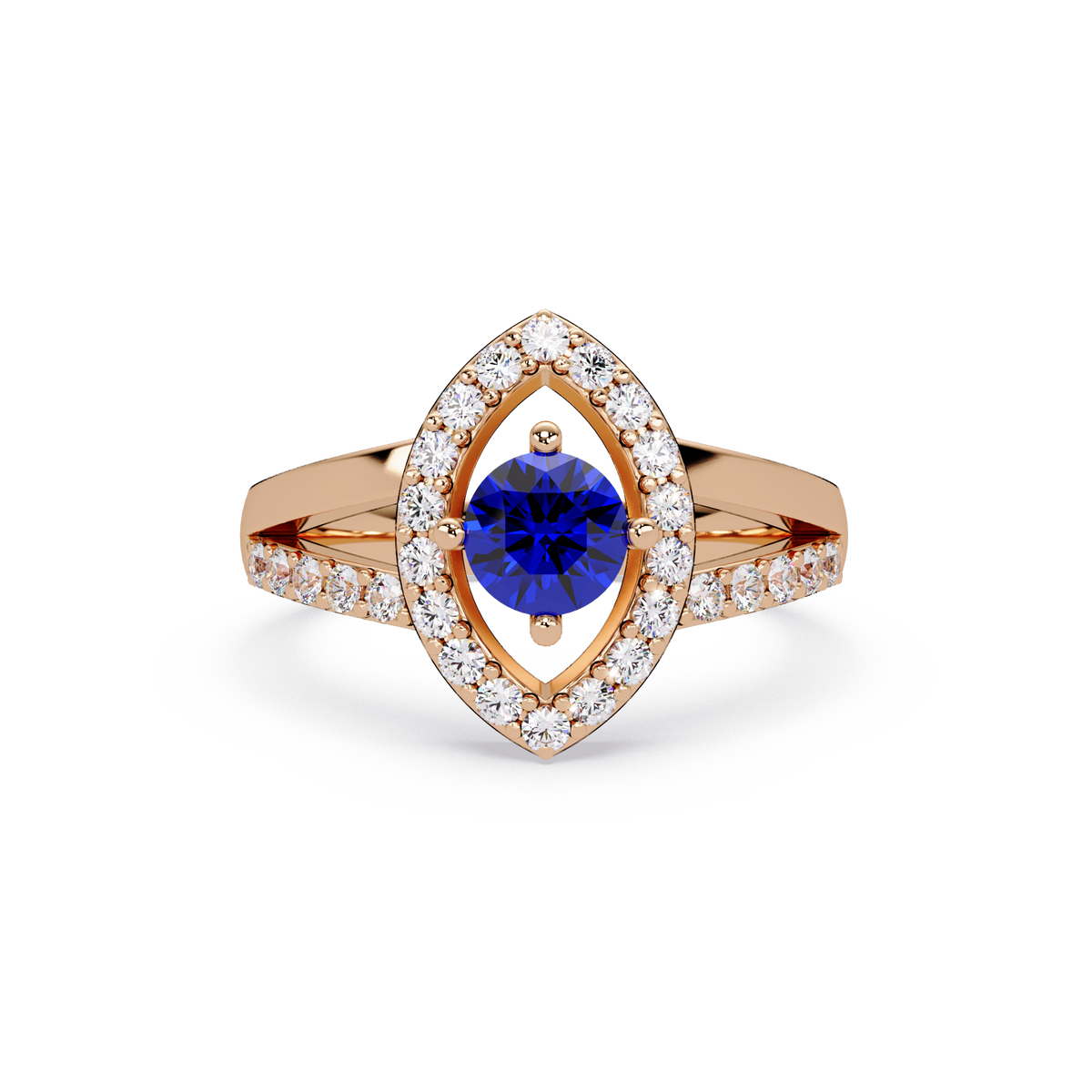 0.8 CTW Round Marquise Halo Pavé Colorstone Ring with Sapphire Blue center in 14K Rose Gold – Lunéa Paris