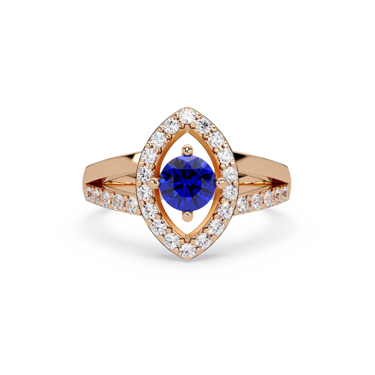 0.8 CTW Round Marquise Halo Pavé Colorstone Ring with Sapphire Blue center in 14K Rose Gold – Lunéa Paris