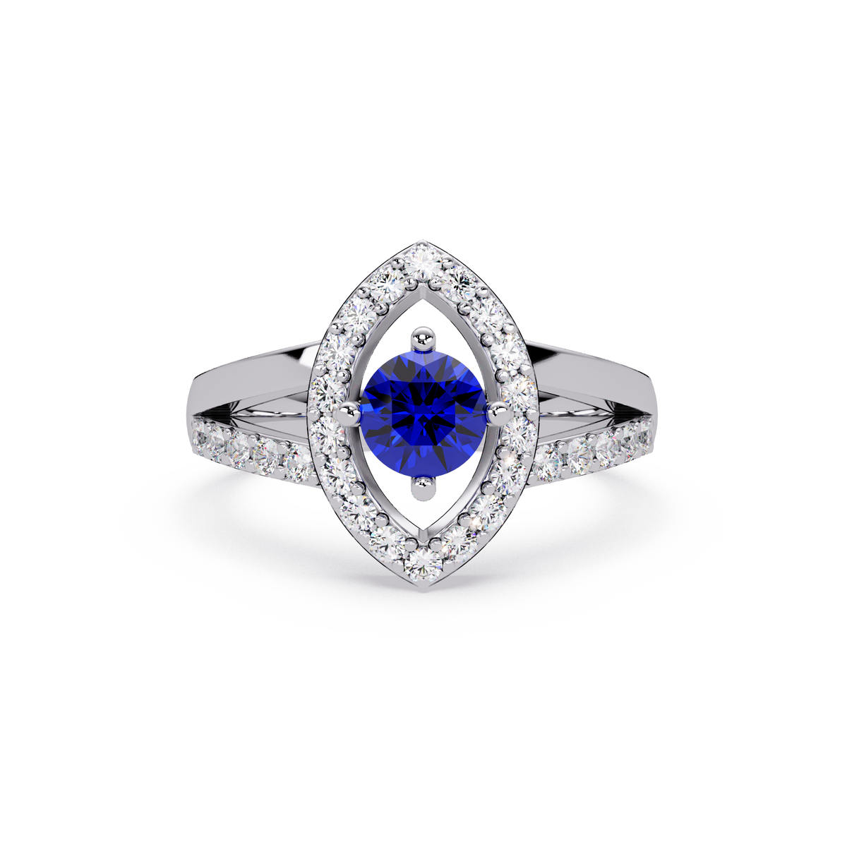 0.8 CTW Round Marquise Halo Pavé Colorstone Ring with Sapphire Blue center in 14K White Gold – Lunéa Paris