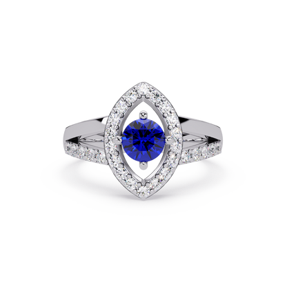 0.8 CTW Round Marquise Halo Pavé Colorstone Ring with Sapphire Blue center in 14K White Gold – Lunéa Paris