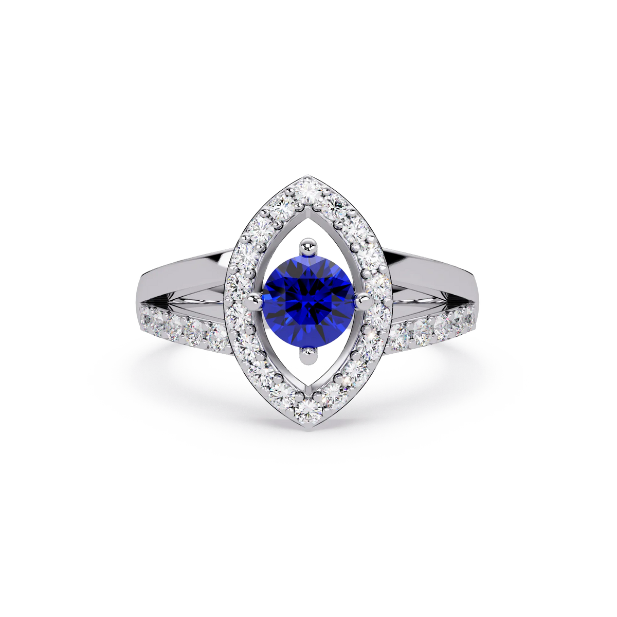 0.8 CTW Round Marquise Halo Pavé Colorstone Ring with Sapphire Blue center in 14K White Gold – Lunéa Paris