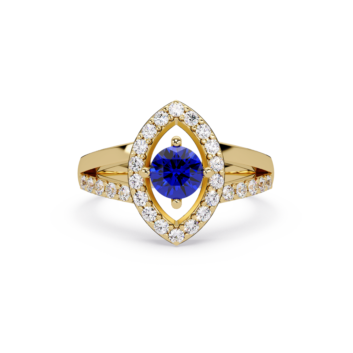 0.8 CTW Round Marquise Halo Pavé Colorstone Ring with Sapphire Blue center in 14K Yellow Gold – Lunéa Paris