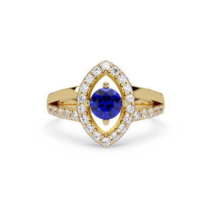 0.8 CTW Round Marquise Halo Pavé Colorstone Ring with Sapphire Blue center in 14K Yellow Gold – Lunéa Paris