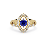 0.8 CTW Round Marquise Halo Pavé Colorstone Ring with Sapphire Blue center in 14K Yellow Gold – Lunéa Paris