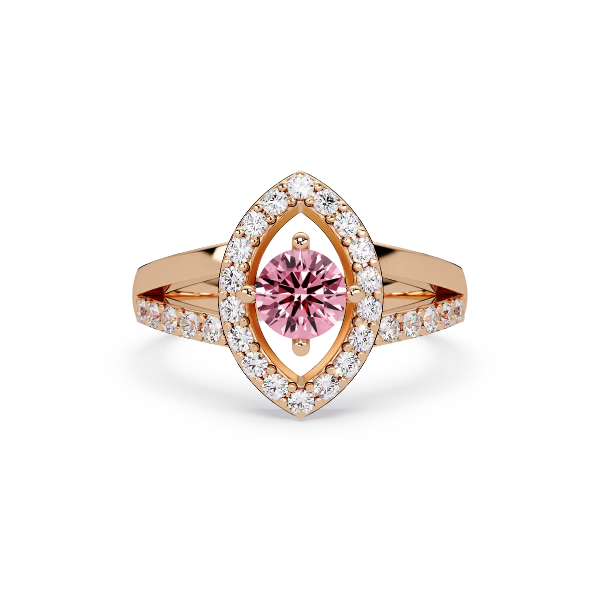 0.8 CTW Round Marquise Halo Pavé Colorstone Ring with Tourmaline Pink center in 14K Rose Gold – Lunéa Paris