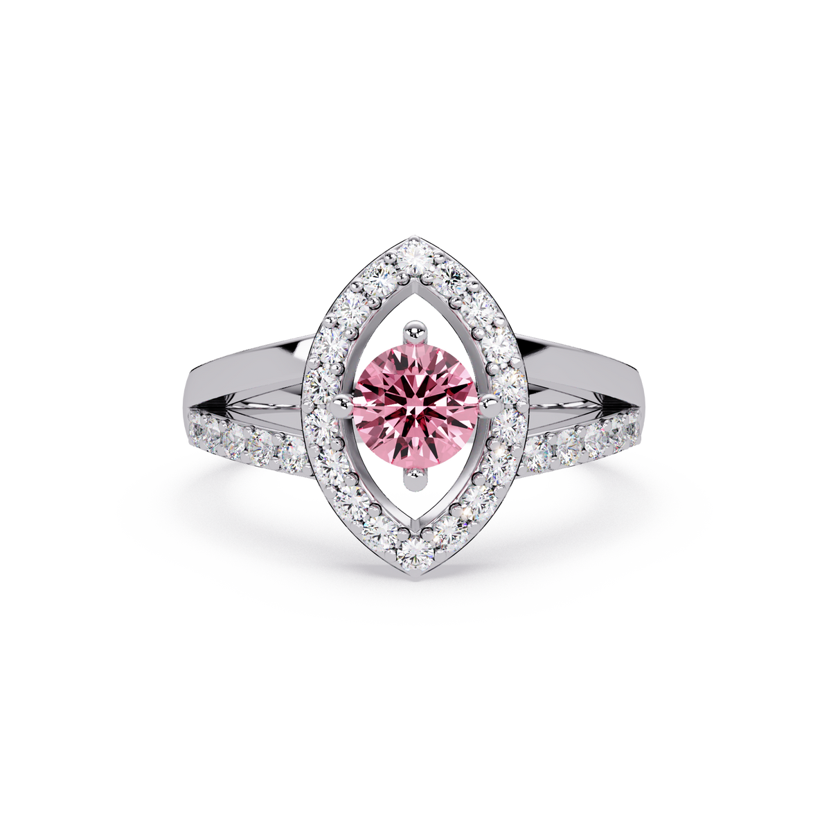 0.8 CTW Round Marquise Halo Pavé Colorstone Ring with Tourmaline Pink center in 14K White Gold – Lunéa Paris