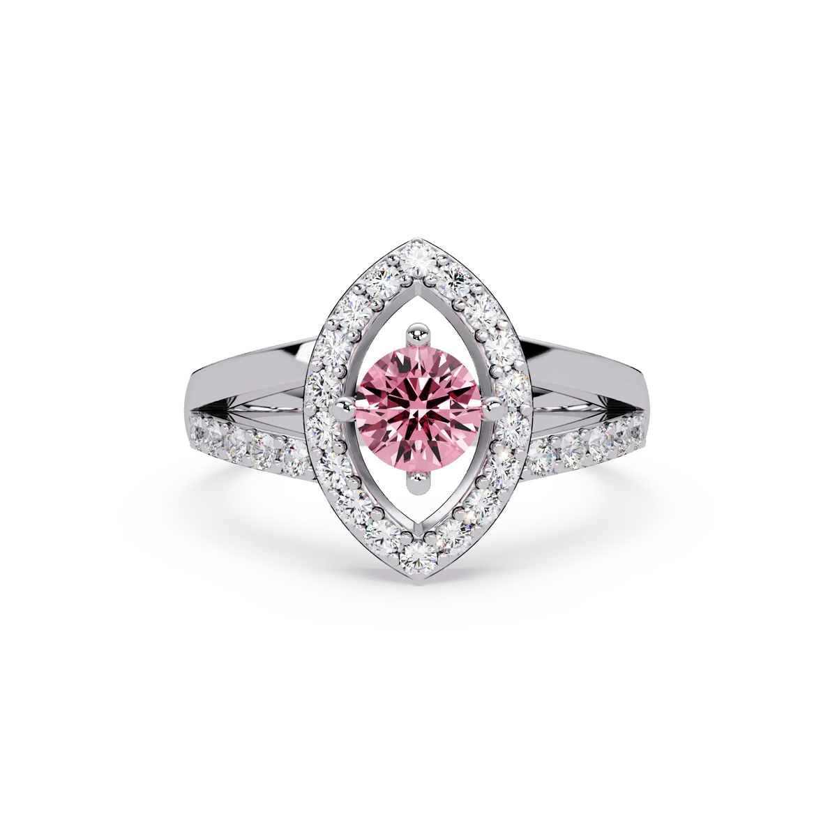 0.8 CTW Round Marquise Halo Pavé Colorstone Ring with Tourmaline Pink center in 14K White Gold – Lunéa Paris