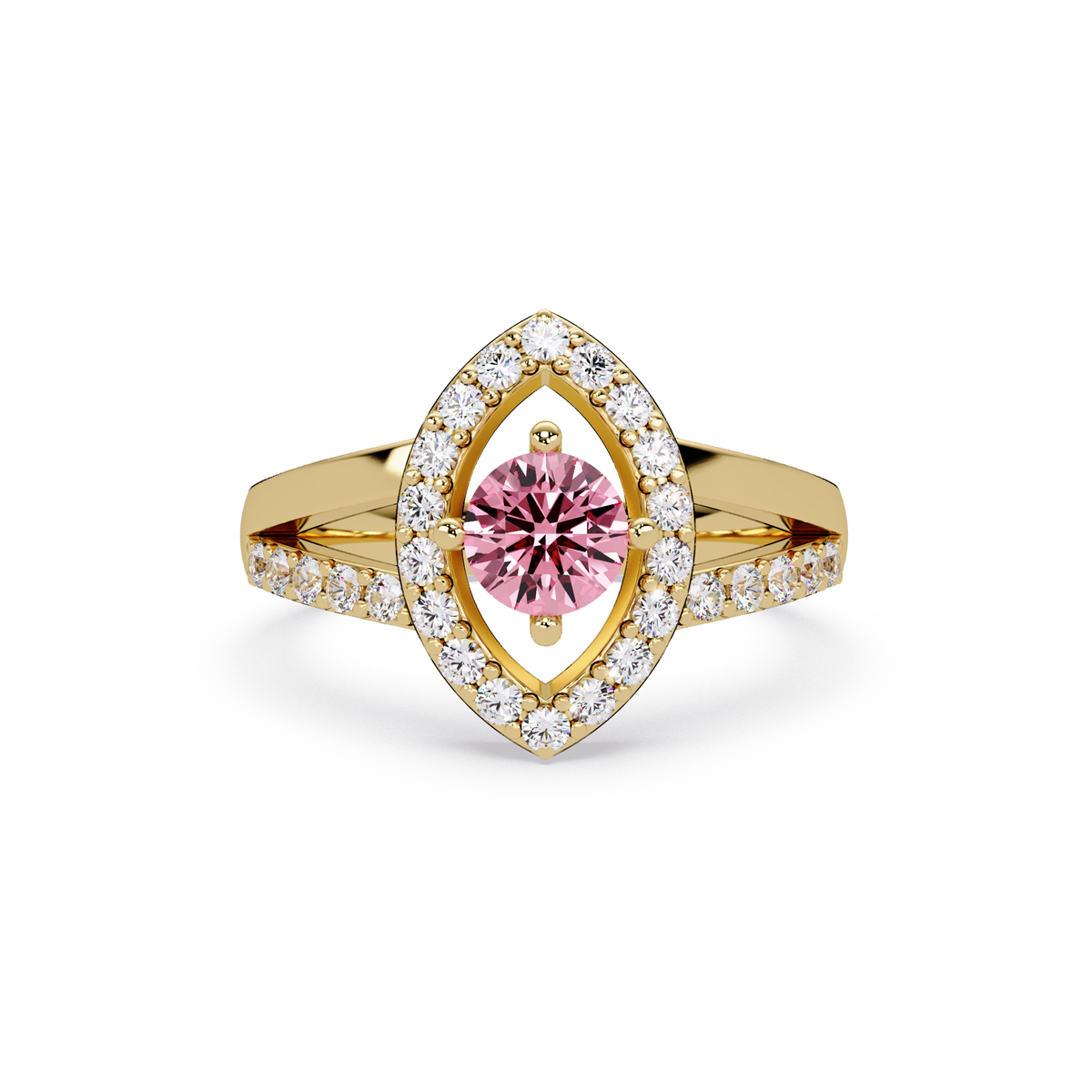 0.8 CTW Round Marquise Halo Pavé Colorstone Ring with Tourmaline Pink center in 14K Yellow Gold – Lunéa Paris