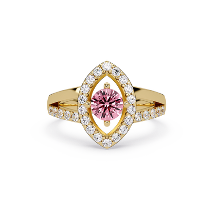 0.8 CTW Round Marquise Halo Pavé Colorstone Ring with Tourmaline Pink center in 14K Yellow Gold – Lunéa Paris