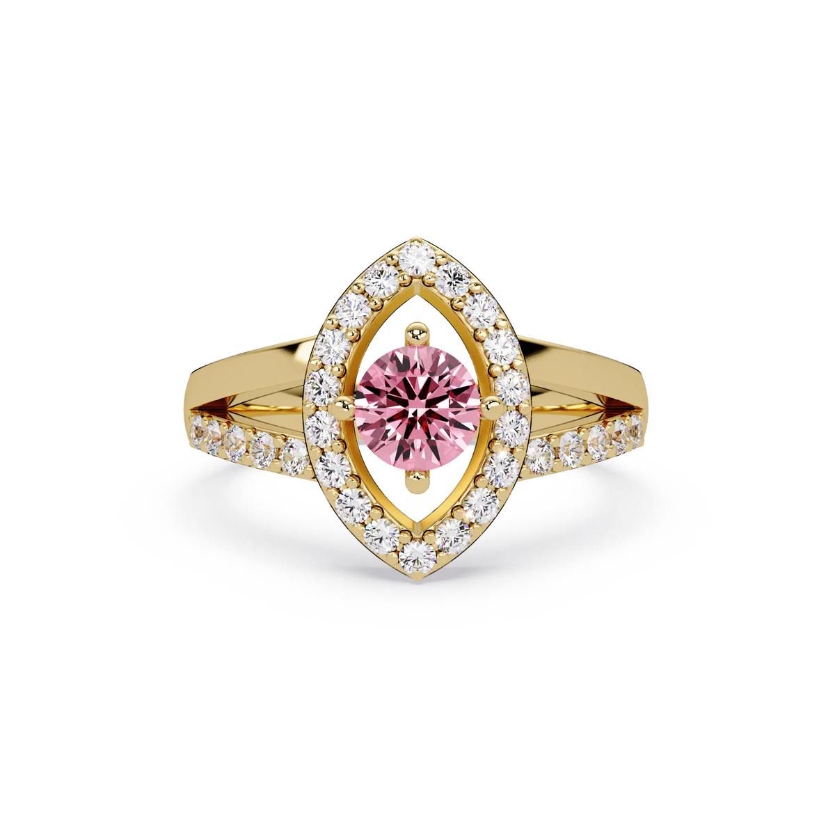 0.8 CTW Round Marquise Halo Pavé Colorstone Ring with Tourmaline Pink center in 14K Yellow Gold – Lunéa Paris