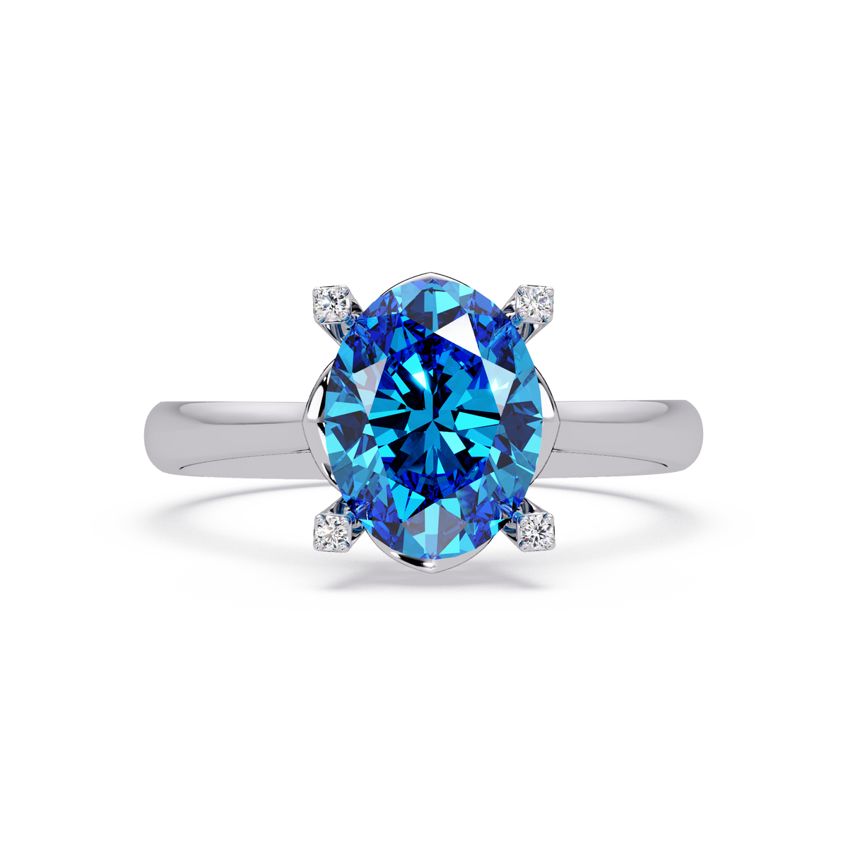 1.8 CTW Oval Diamond-Accent Colorstone Solitaire Ring with Aquamarine Blue center in 14K White Gold – Lunéa Paris