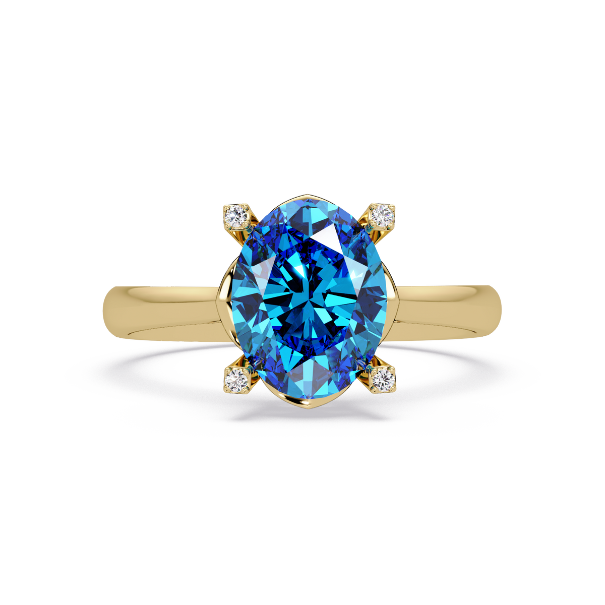 1.8 CTW Oval Diamond-Accent Colorstone Solitaire Ring with Aquamarine Blue center in 14K Yellow Gold – Lunéa Paris