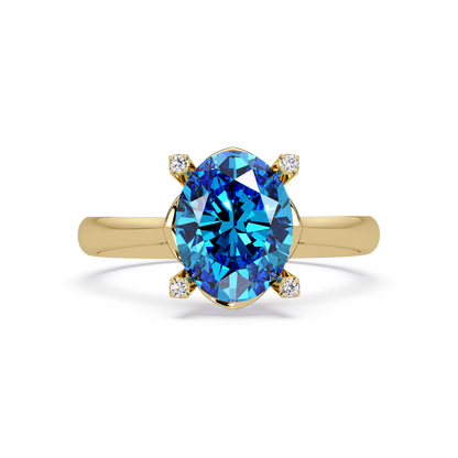 1.8 CTW Oval Diamond-Accent Colorstone Solitaire Ring with Aquamarine Blue center in 14K Yellow Gold – Lunéa Paris