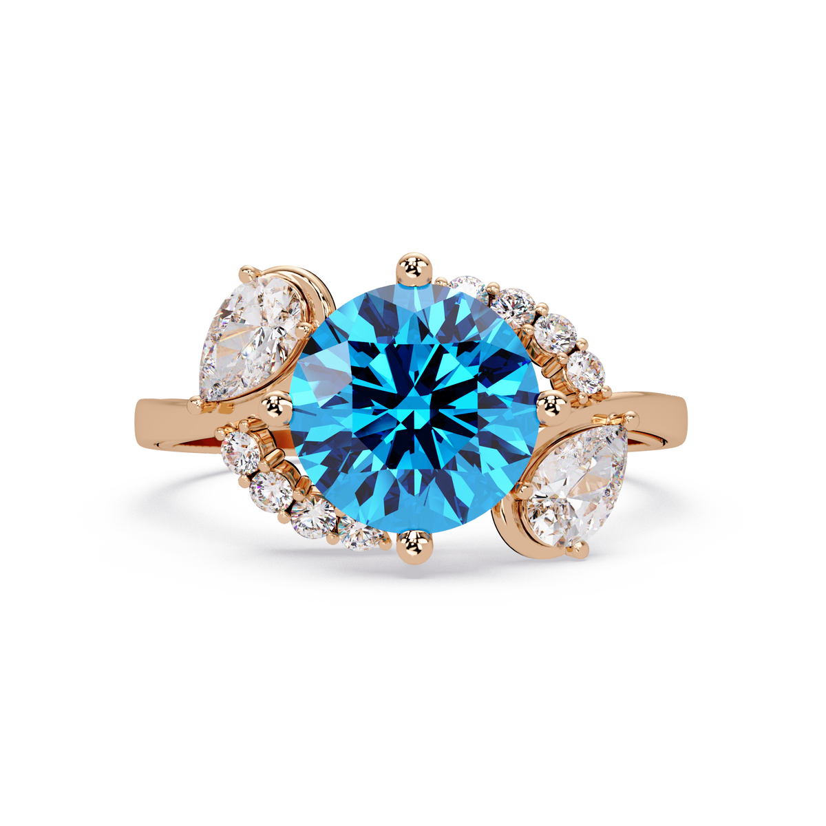 2.3 CTW Round & Pear Three-Stone Pavé Colorstone Ring with Aquamarine Blue center in 14K Rose Gold – Lunéa Paris