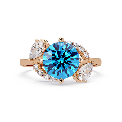 2.3 CTW Round & Pear Three-Stone Pavé Colorstone Ring with Aquamarine Blue center in 14K Rose Gold – Lunéa Paris
