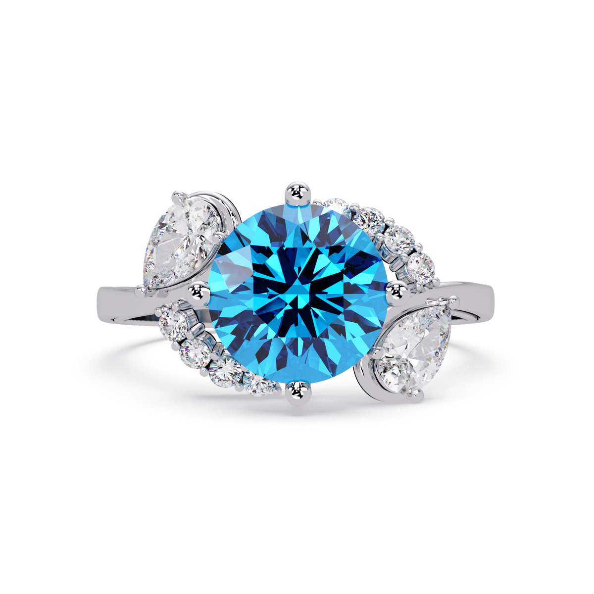 2.3 CTW Round & Pear Three-Stone Pavé Colorstone Ring with Aquamarine Blue center in 14K White Gold – Lunéa Paris