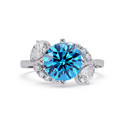 2.3 CTW Round & Pear Three-Stone Pavé Colorstone Ring with Aquamarine Blue center in 14K White Gold – Lunéa Paris