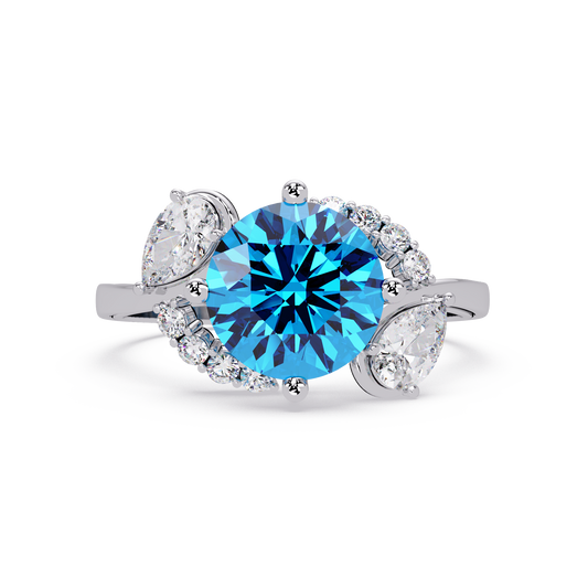2.3 CTW Round & Pear Three-Stone Pavé Colorstone Ring with Aquamarine Blue center in 14K White Gold – Lunéa Paris