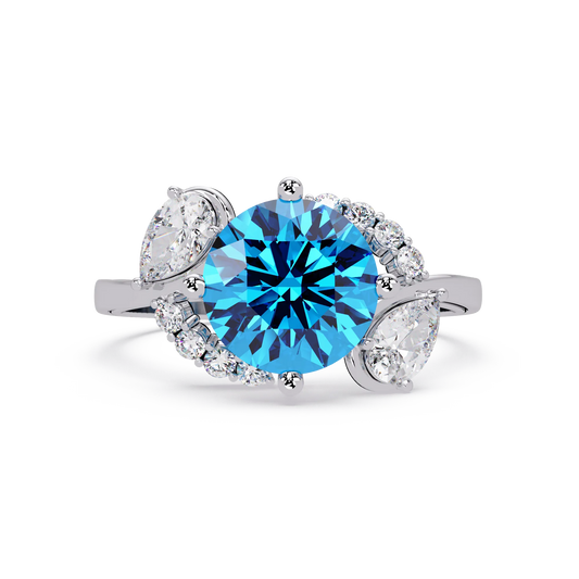 2.3 CTW Round & Pear Three-Stone Pavé Colorstone Ring with Aquamarine Blue center in 14K White Gold – Lunéa Paris
