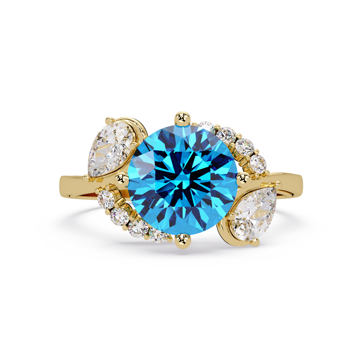 2.3 CTW Round & Pear Three-Stone Pavé Colorstone Ring with Aquamarine Blue center in 14K Yellow Gold – Lunéa Paris