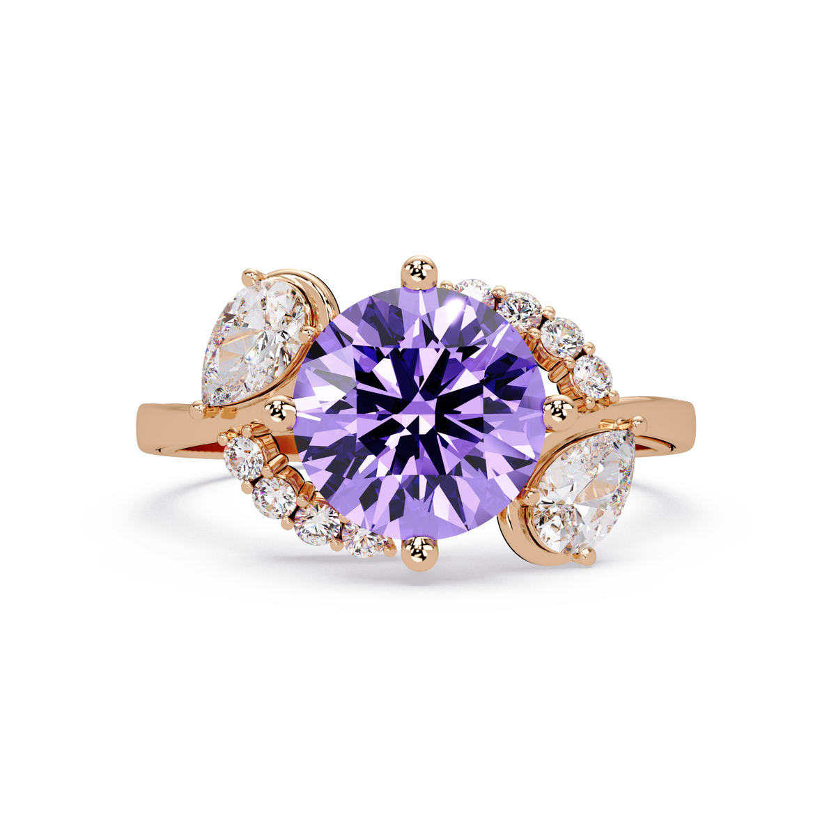 2.3 CTW Round & Pear Three-Stone Pavé Colorstone Ring with Amethyst Purple center in 14K Rose Gold – Lunéa Paris