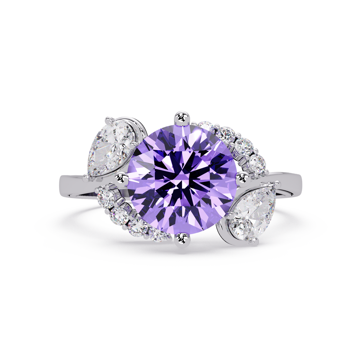 2.3 CTW Round & Pear Three-Stone Pavé Colorstone Ring with Amethyst Purple center in 14K White Gold – Lunéa Paris