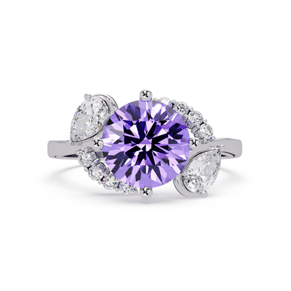 2.3 CTW Round & Pear Three-Stone Pavé Colorstone Ring with Amethyst Purple center in 14K White Gold – Lunéa Paris