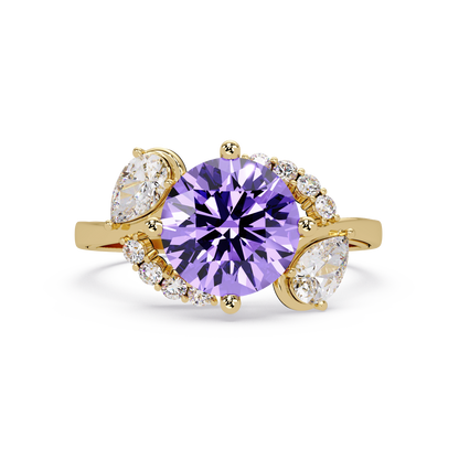 2.3 CTW Round & Pear Three-Stone Pavé Colorstone Ring with Amethyst Purple center in 14K Yellow Gold – Lunéa Paris